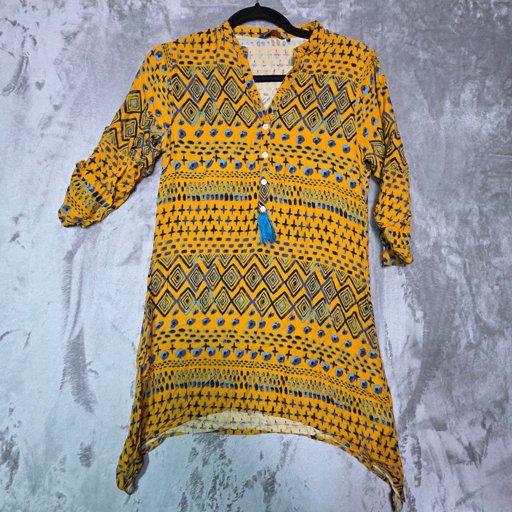 Akkriti Womens Yellow Geometric Print Rayon Tunic Blouse Handkerchief Hem Size M